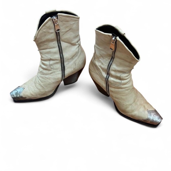 Free People Shoes - Free People ash white. Silver metal tip toe booties. 2 1/4 heel. Side zipper.